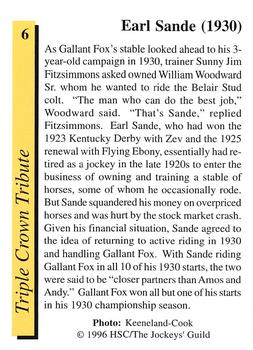 1996 Jockey Star Jockeys' Guild #6 Earl Sande Back
